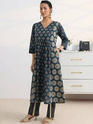 libas blue ajrakh printed a-line suit set with dupatta 5