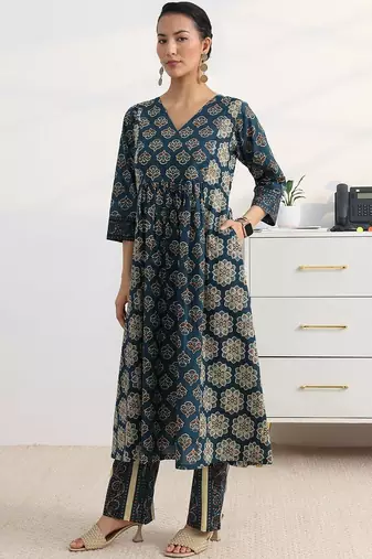 libas blue ajrakh printed a-line suit set with dupatta