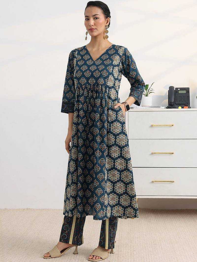 libas blue ajrakh printed a-line suit set with dupatta