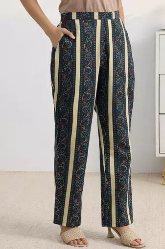libas blue ajrakh printed a-line suit set with dupatta