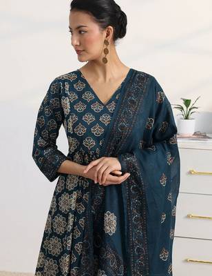 libas blue ajrakh printed a-line suit set with dupatta 7