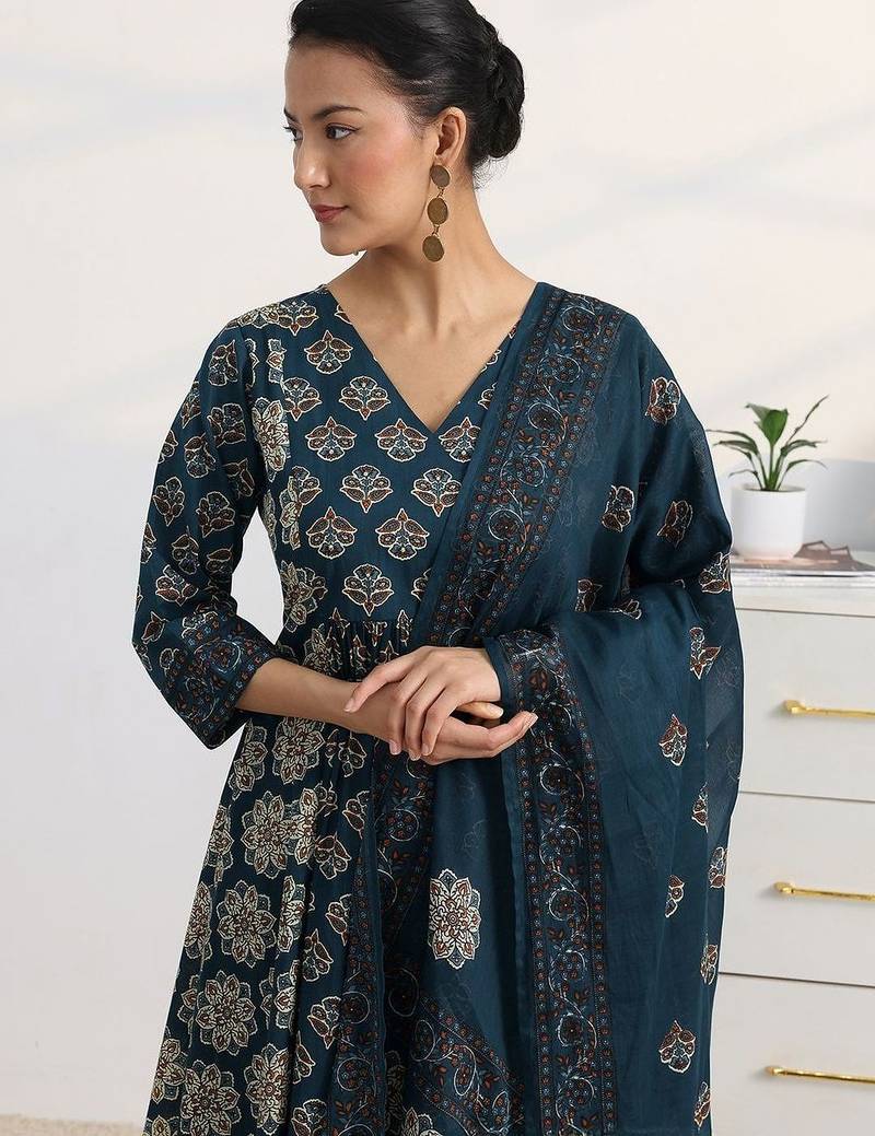 libas blue ajrakh printed a-line suit set with dupatta