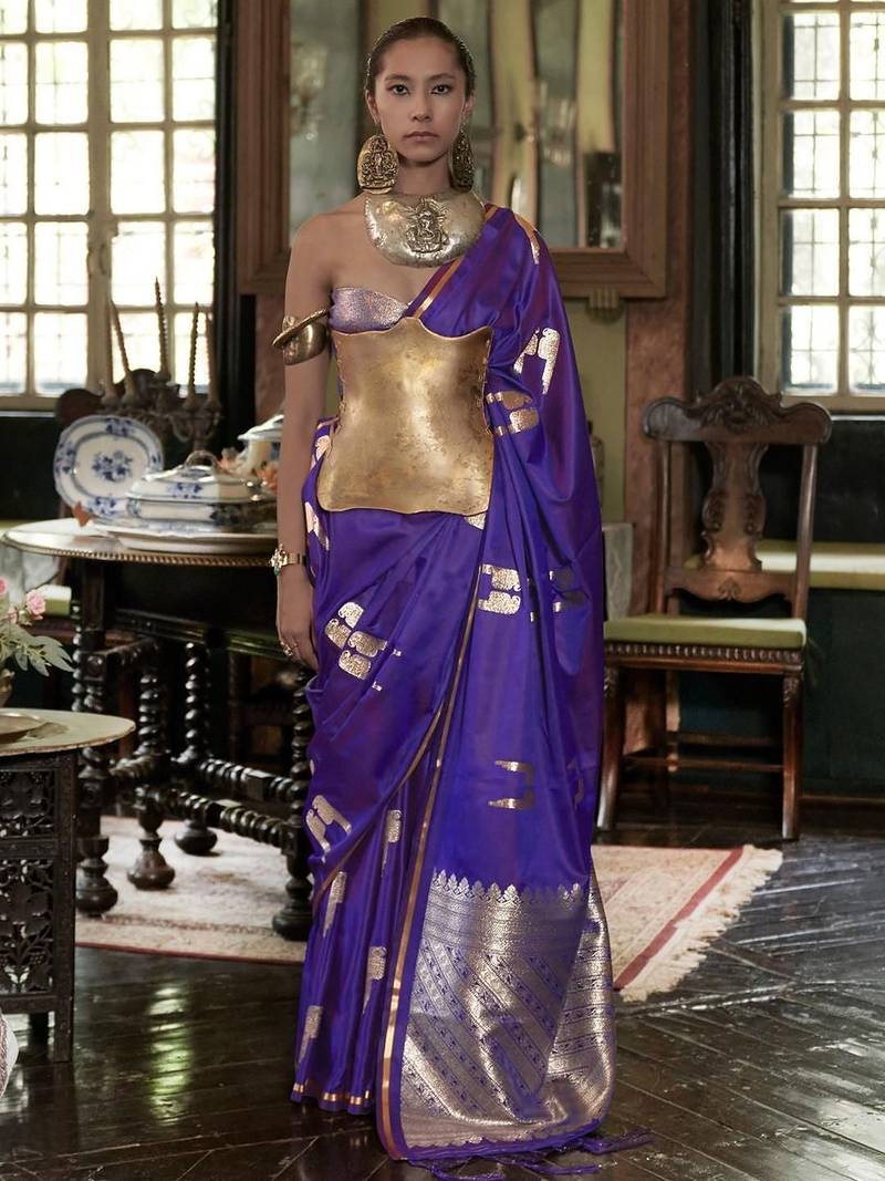 Purple woven design satin banarasi saree