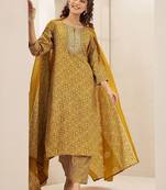 women ethnic motifs printed regular thread work kurta with trousers & with dupatta