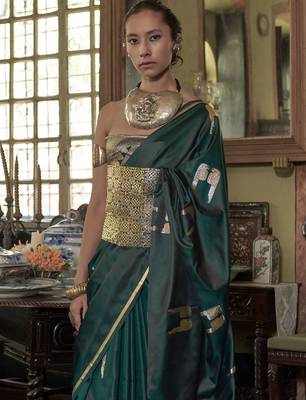 Green woven design zari satin banarasi saree 1
