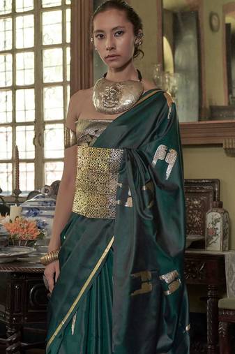Green woven design zari satin banarasi saree