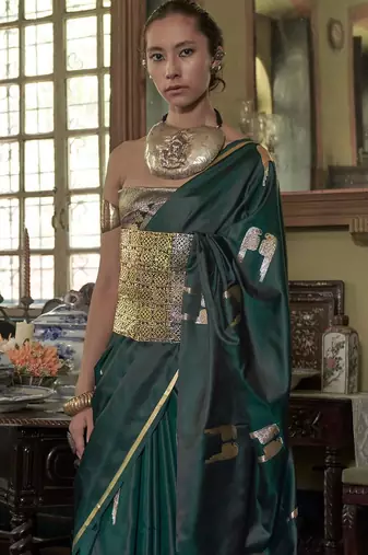 Green woven design zari satin banarasi saree
