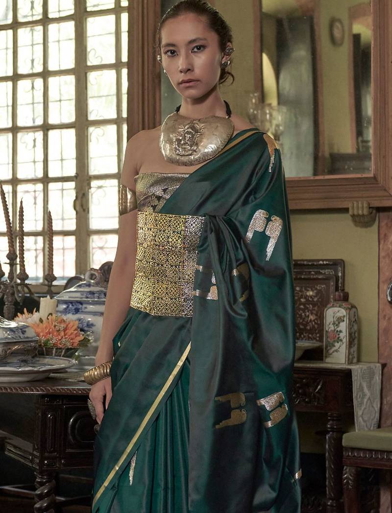 Green woven design zari satin banarasi saree