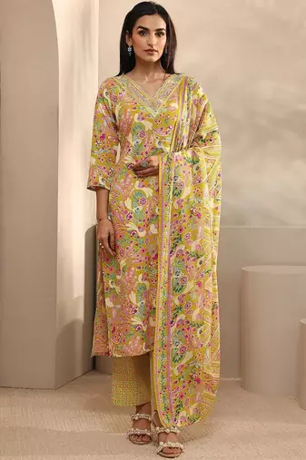 women ethnic motifs printed regular thread work kurta with trousers & with dupatta