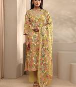 women ethnic motifs printed regular thread work kurta with trousers & with dupatta