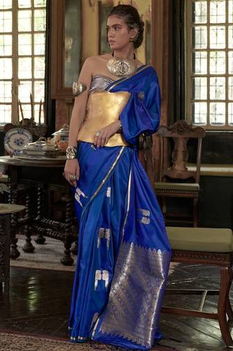 Blue ethnic motifs woven design zari satin banarasi saree