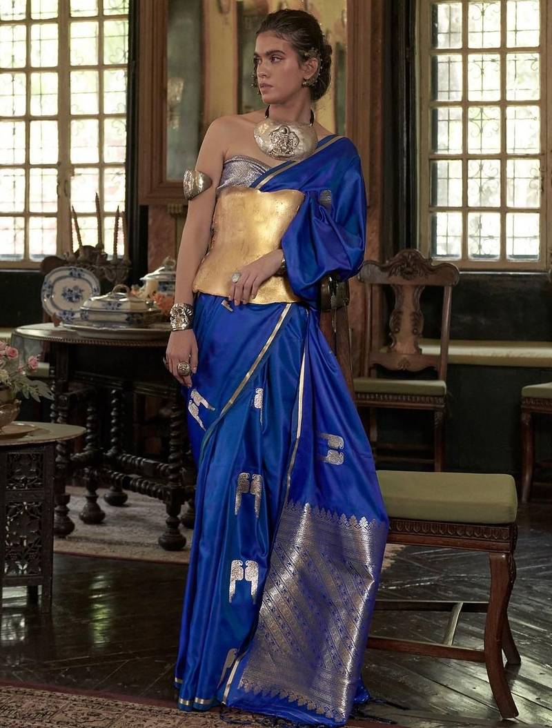 Blue ethnic motifs woven design zari satin banarasi saree