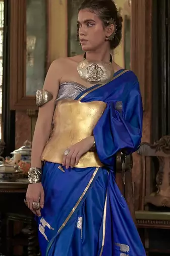 Blue ethnic motifs woven design zari satin banarasi saree