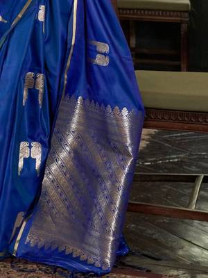 Blue ethnic motifs woven design zari satin banarasi saree 4
