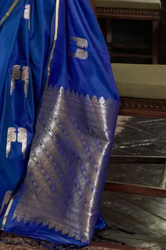 Blue ethnic motifs woven design zari satin banarasi saree