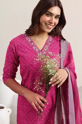 ethnic motifs printed v-neck thread work straight kurta with trousers & dupatta