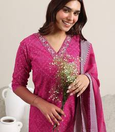 ethnic motifs printed v-neck thread work straight kurta with trousers & dupatta