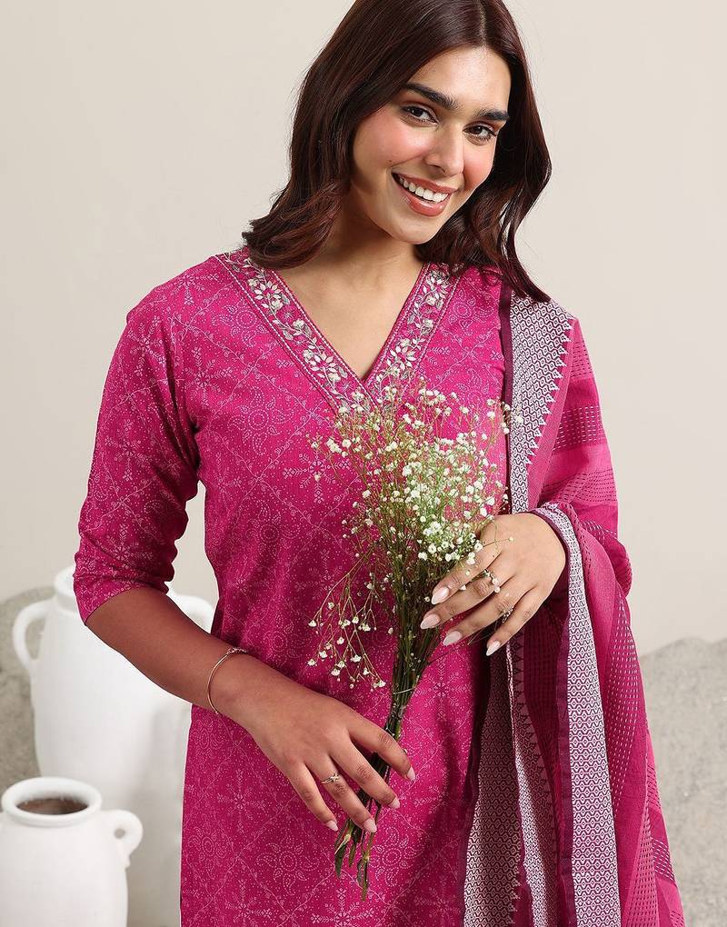 ethnic motifs printed v-neck thread work straight kurta with trousers & dupatta