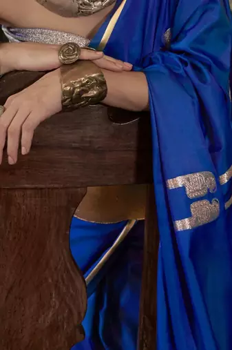 Blue ethnic motifs woven design zari satin banarasi saree