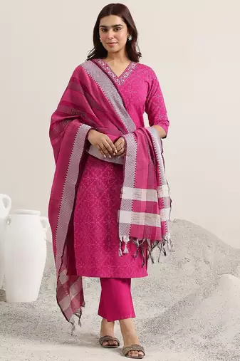 ethnic motifs printed v-neck thread work straight kurta with trousers & dupatta