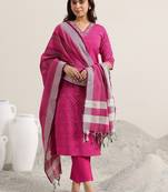 ethnic motifs printed v-neck thread work straight kurta with trousers & dupatta