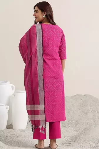ethnic motifs printed v-neck thread work straight kurta with trousers & dupatta