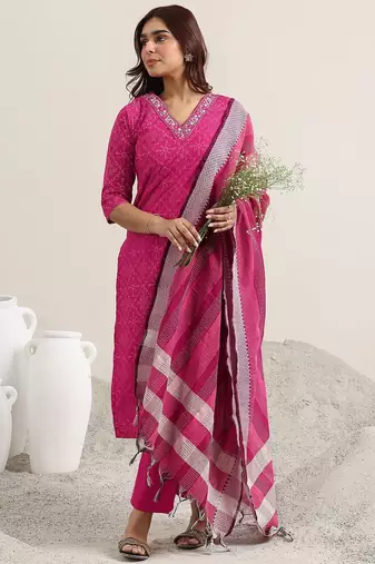 ethnic motifs printed v-neck thread work straight kurta with trousers & dupatta