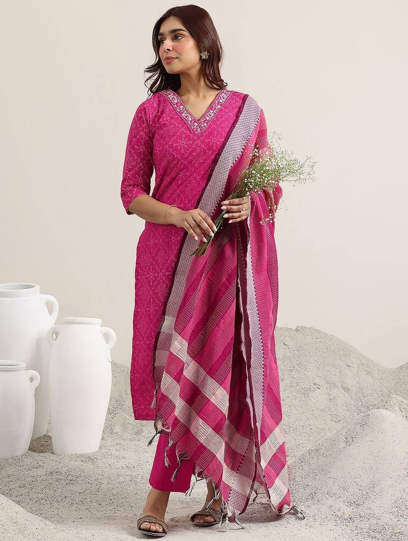 ethnic motifs printed v-neck thread work straight kurta with trousers & dupatta