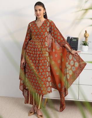 libas rust ajrakh print a-line suit set with dupatta 1
