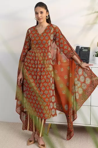 libas rust ajrakh print a-line suit set with dupatta