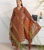 libas rust ajrakh print a-line suit set with dupatta