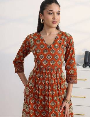libas rust ajrakh print a-line suit set with dupatta 2