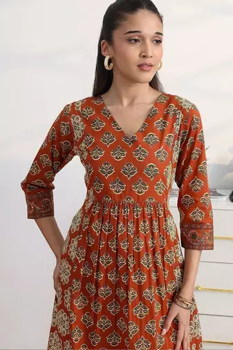 libas rust ajrakh print a-line suit set with dupatta