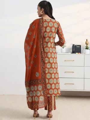 libas rust ajrakh print a-line suit set with dupatta 4