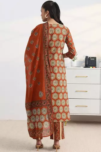 libas rust ajrakh print a-line suit set with dupatta