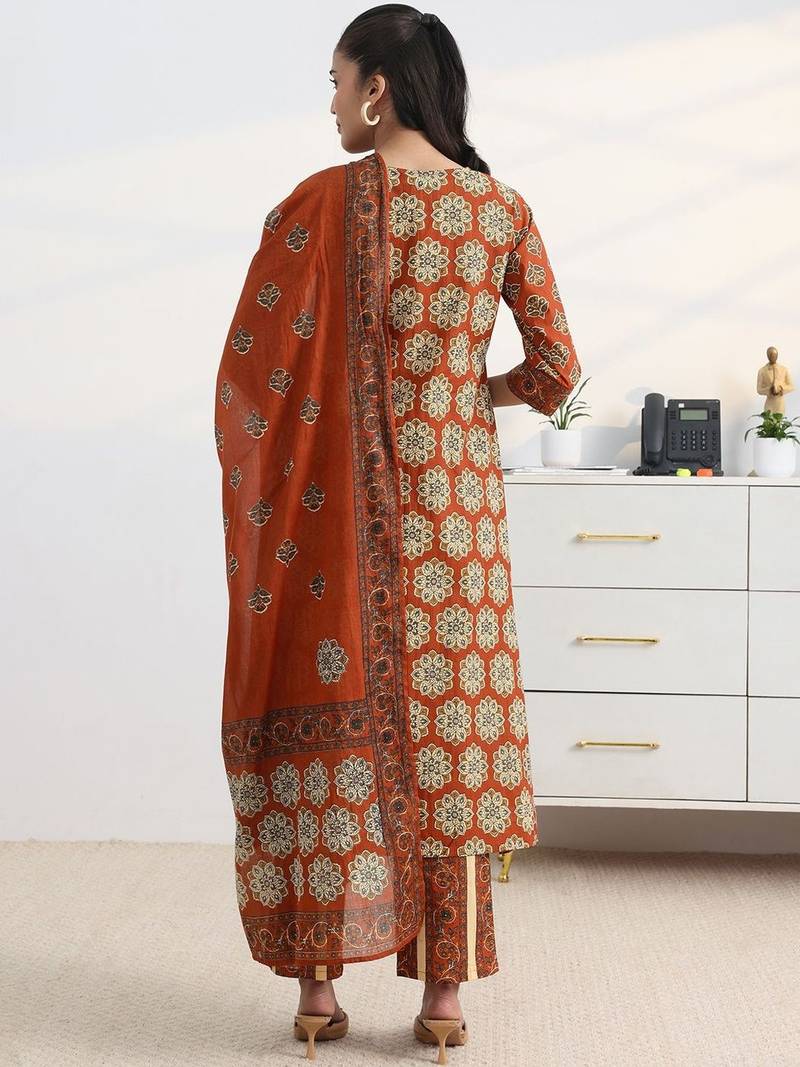 libas rust ajrakh print a-line suit set with dupatta