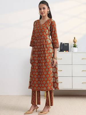 libas rust ajrakh print a-line suit set with dupatta 5