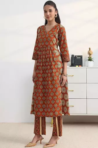libas rust ajrakh print a-line suit set with dupatta