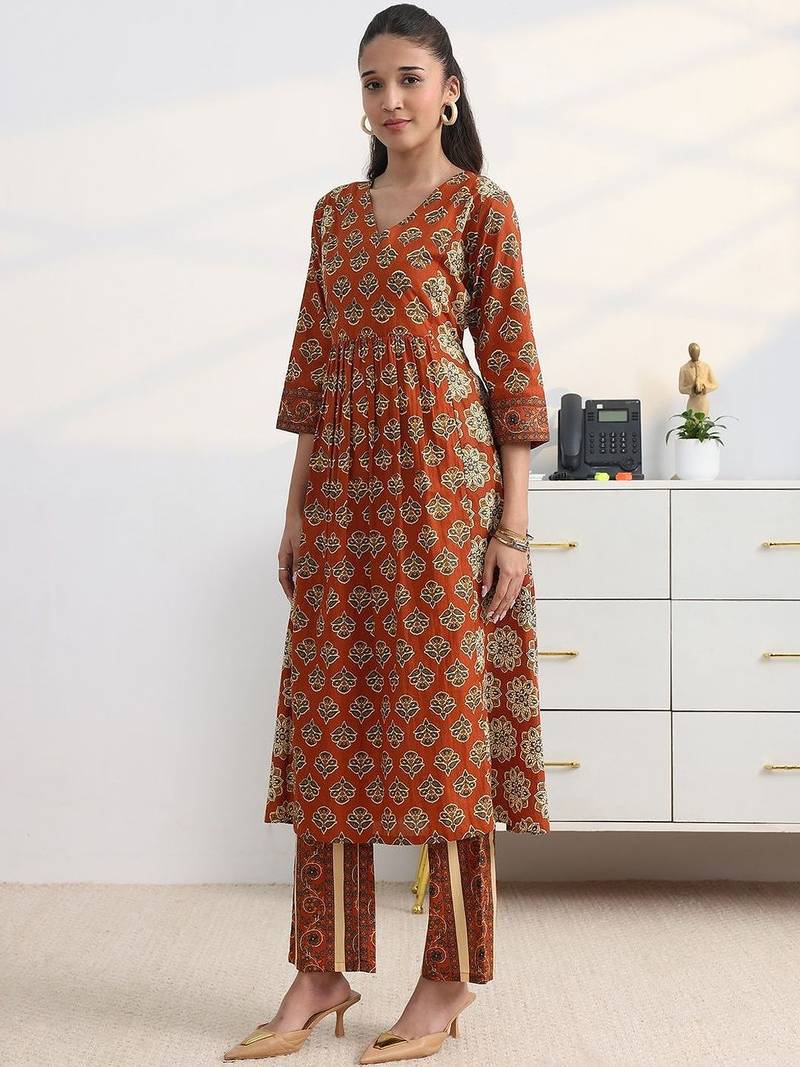 libas rust ajrakh print a-line suit set with dupatta