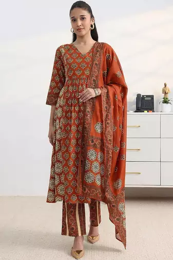 libas rust ajrakh print a-line suit set with dupatta