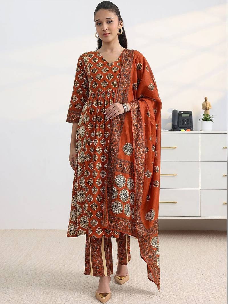 libas rust ajrakh print a-line suit set with dupatta