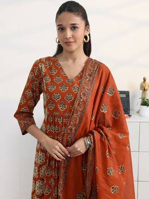 libas rust ajrakh print a-line suit set with dupatta 7