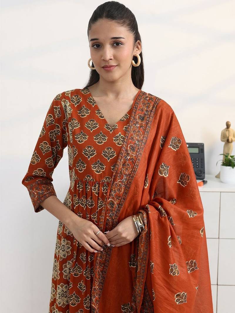 libas rust ajrakh print a-line suit set with dupatta