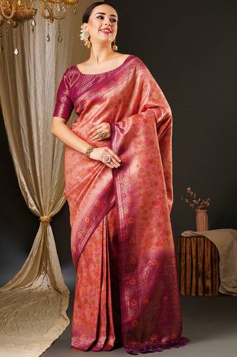Pink ethnic motifs woven design zari kanjeevaram saree
