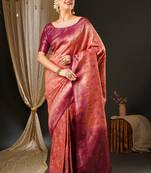 Pink ethnic motifs woven design zari kanjeevaram saree