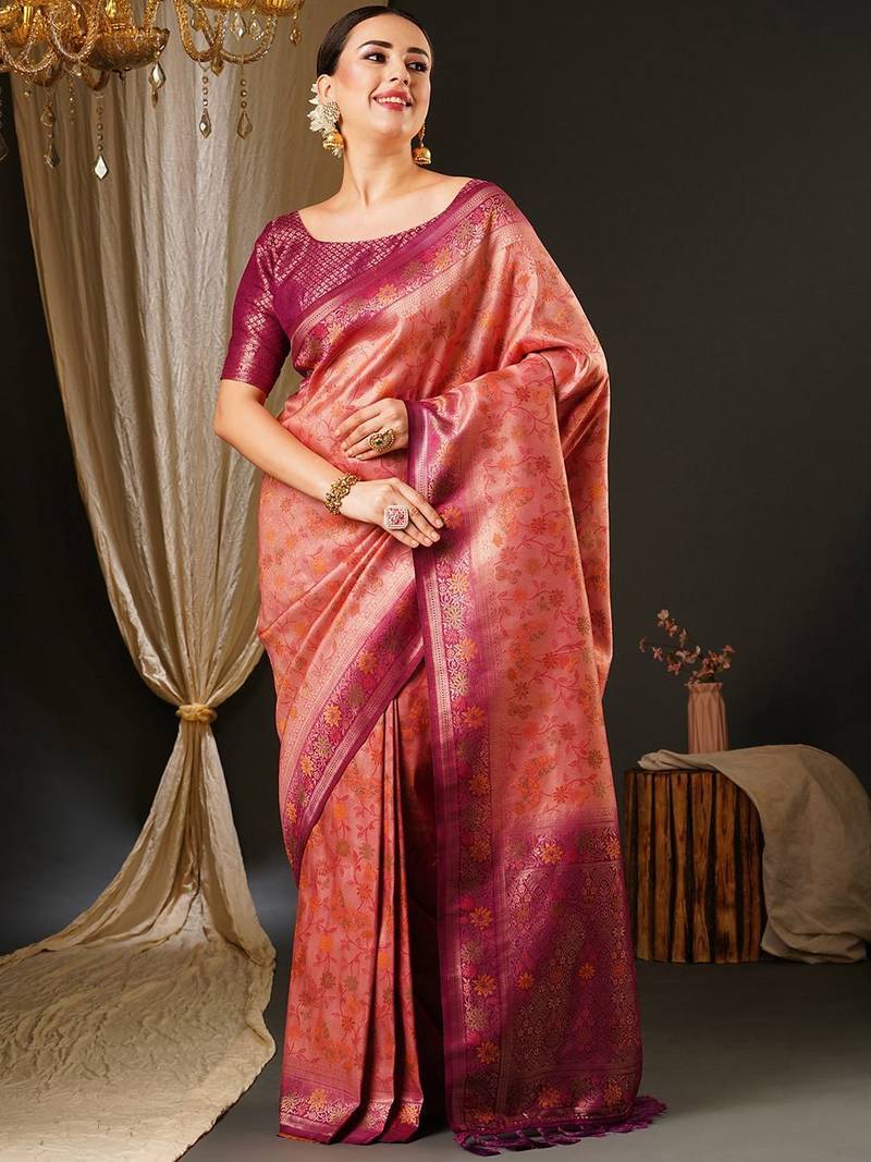 Pink ethnic motifs woven design zari kanjeevaram saree
