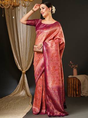 Pink ethnic motifs woven design zari kanjeevaram saree 2
