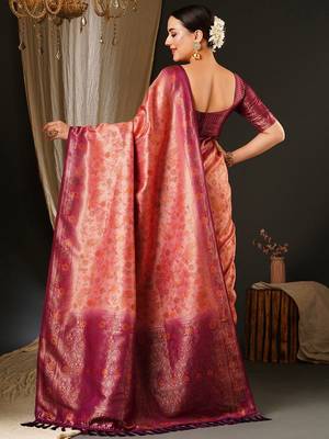 Pink ethnic motifs woven design zari kanjeevaram saree 3