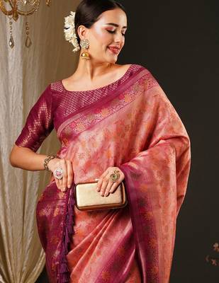 Pink ethnic motifs woven design zari kanjeevaram saree 4