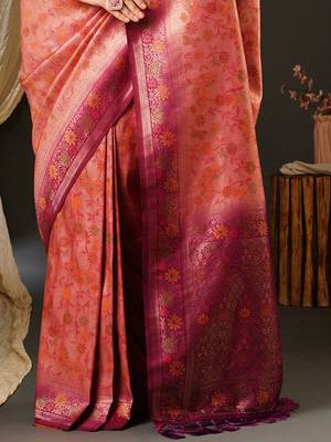 Pink ethnic motifs woven design zari kanjeevaram saree 5